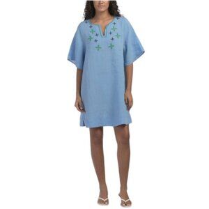 NAVY BLEU Linen Gemma Short Sleeve Embroidered Mini Dress